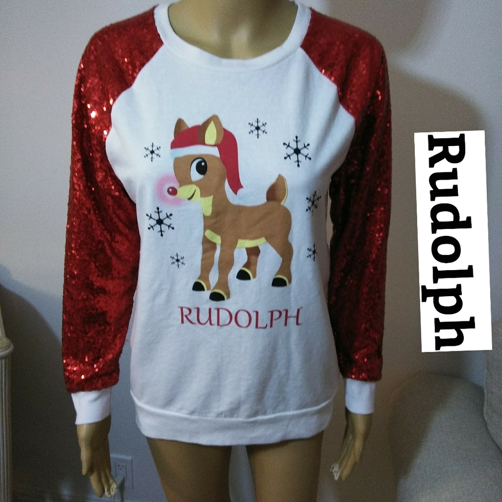 Rudolph Christmas Sequined Top Sz M